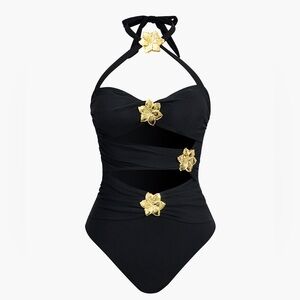 Black and Gold Halter Neck One Piece Swimsuit
